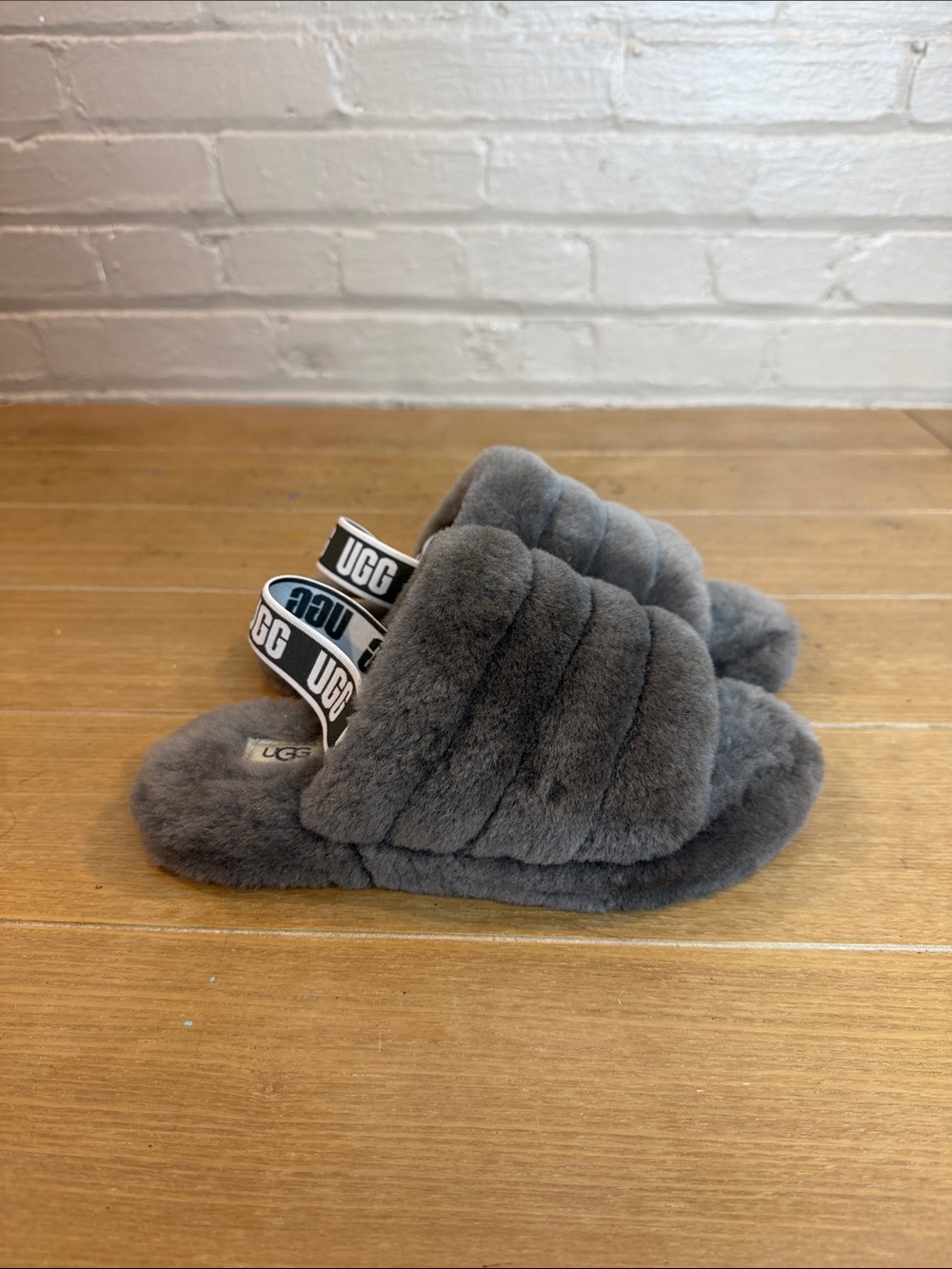 UGG Kids Grey Fluff Slide with Branded Elastic Heel